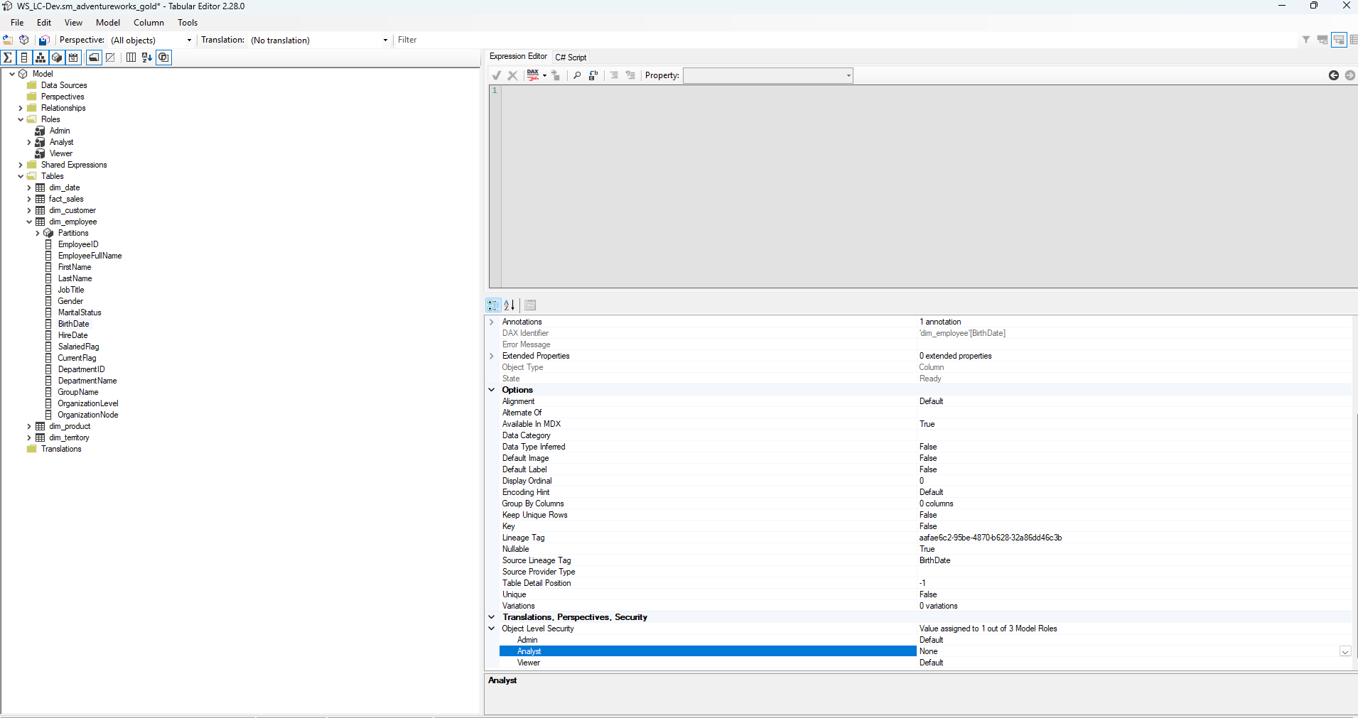 Tabular Editor 2.28.0 — dim_employee table, BirthDate column selected, Object Level Security: Admin=Default, Analyst=None, Viewer=Default